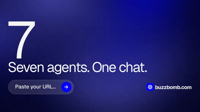 Landscape graphic for BuzzBomb: "Seven agents. One chat." Agentic glass style, stat layout, dark palette in blue.