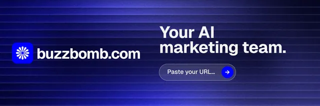 X header for BuzzBomb: "Your AI marketing team." Agentic glass style, logo hero layout, dark palette in blue.