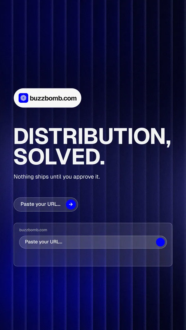 Instagram story for BuzzBomb: "Distribution, solved." Agentic glass style, announce layout, dark palette in black, blue, grey.
