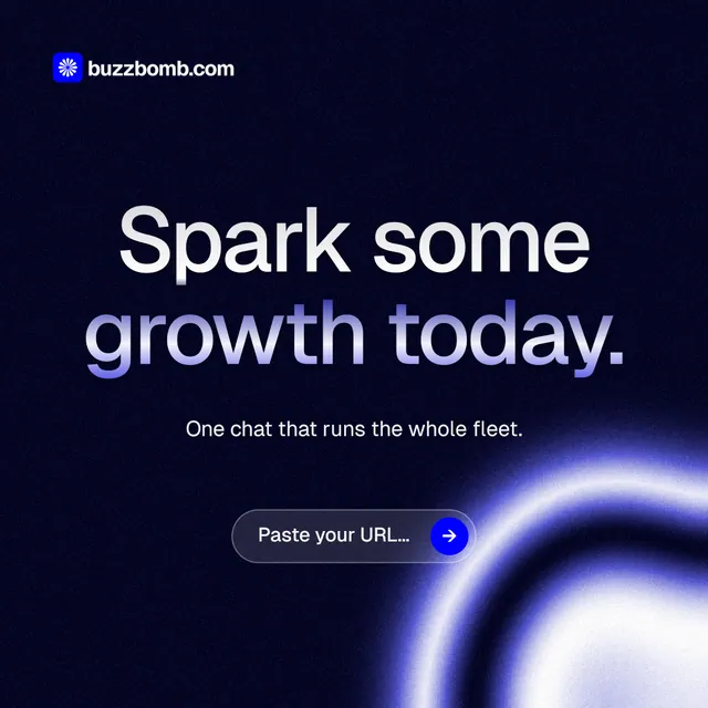 Instagram post for BuzzBomb: "Spark some growth today." Agentic glass style, centred layout, dark palette in black, blue.