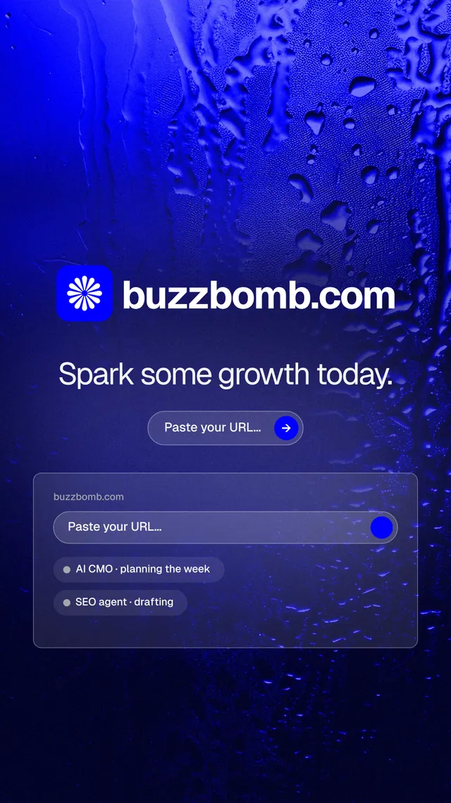 Instagram story for BuzzBomb: "Spark some growth today." Agentic glass style, logo hero layout, dark palette in black, blue.