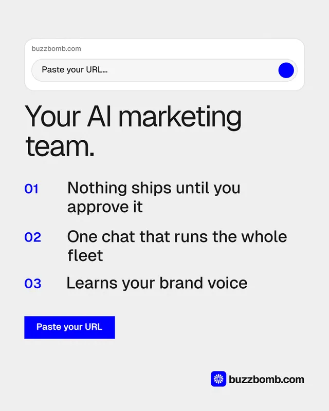 Instagram portrait post for BuzzBomb: "Your AI marketing team." Swiss style, numbered layout, light palette in white, blue.