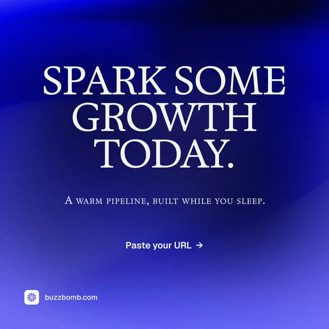 Instagram post for BuzzBomb: "Spark some growth today." Agentic glass style, smallcaps layout, dark palette in blue.