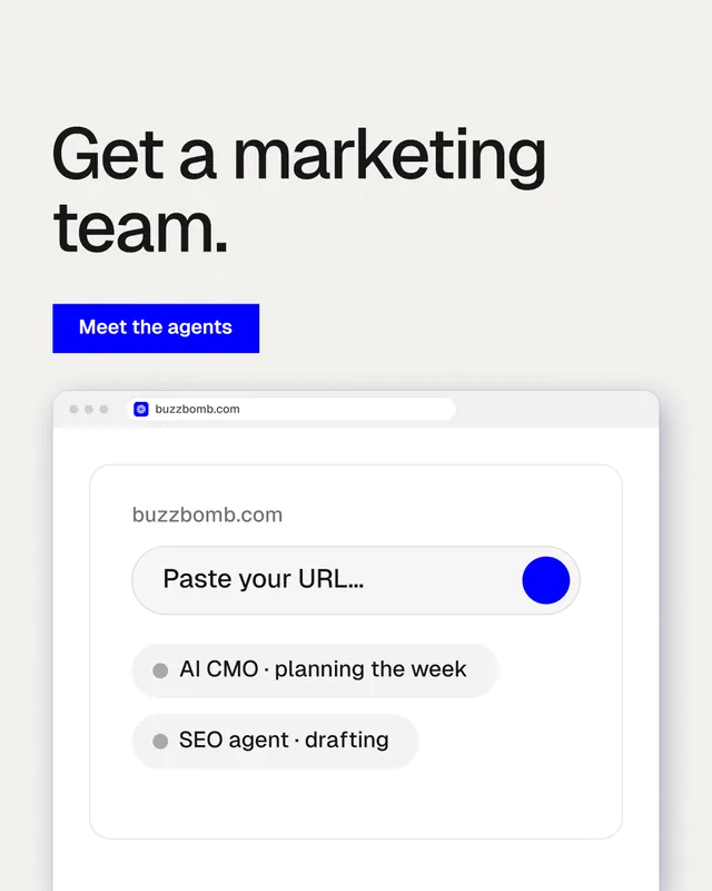 Instagram portrait post for BuzzBomb: "Get a marketing team." Swiss style, browser layout, light palette in white.