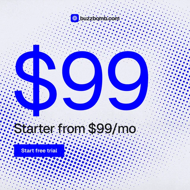 Instagram post for BuzzBomb: "Spark some growth today." Swiss style, stat layout, light palette in blue, white.