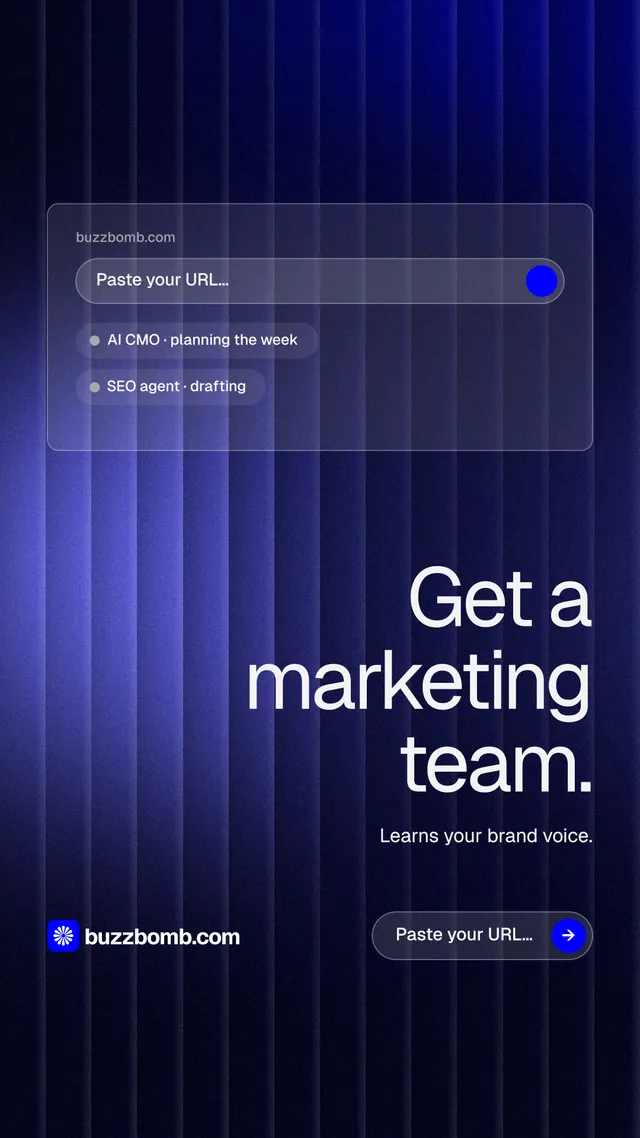 Instagram story for BuzzBomb: "Get a marketing team." Agentic glass style, right layout, dark palette in black, blue.
