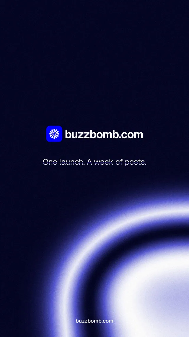 Instagram story for BuzzBomb: "One launch. A week of posts." Agentic glass style, end card layout, dark palette in black, blue.