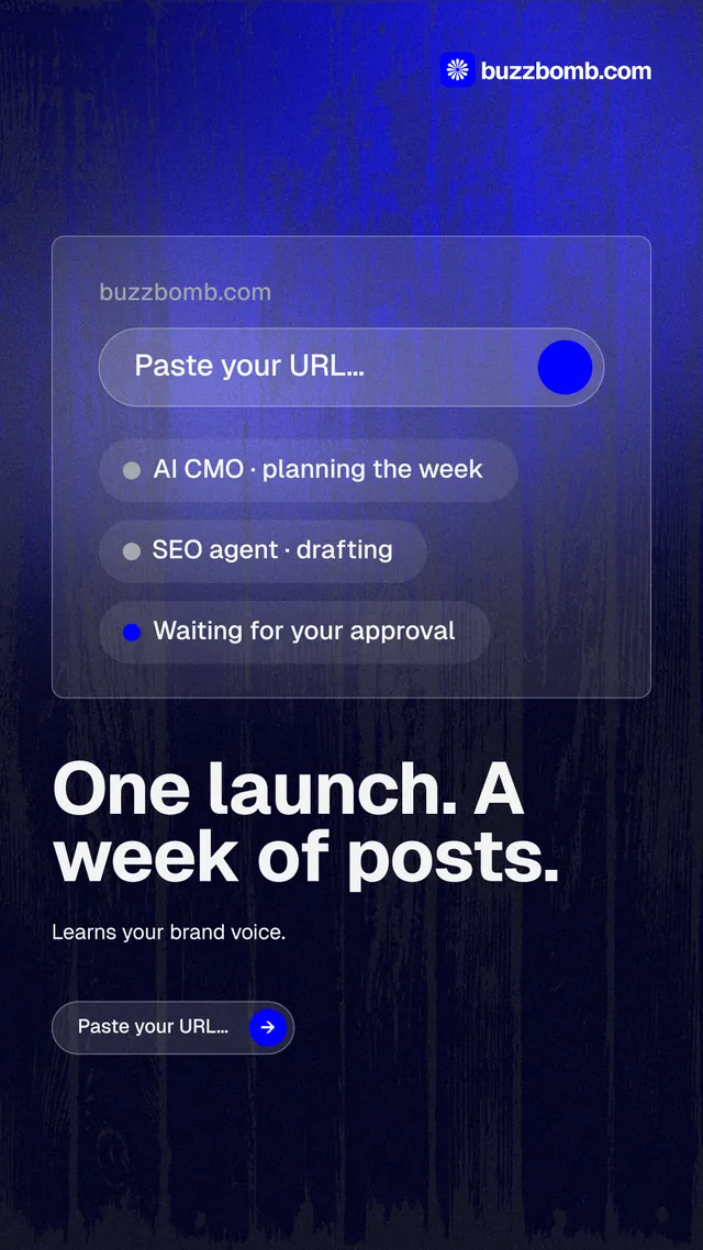 Instagram story for BuzzBomb: "One launch. A week of posts." Agentic glass style, bottom layout, dark palette in blue, black.