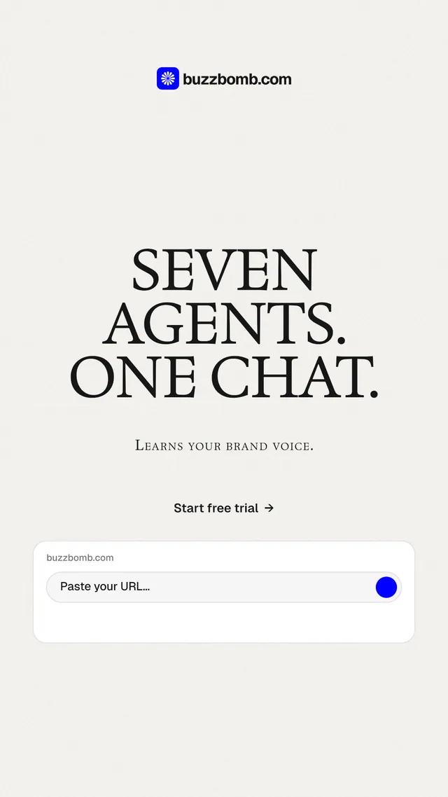 Instagram story for BuzzBomb: "Seven agents. One chat." Swiss style, smallcaps layout, light palette in white.