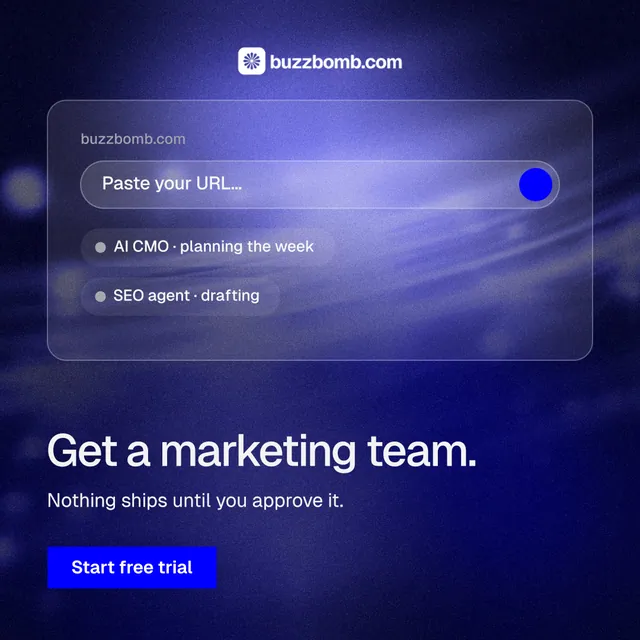 Instagram post for BuzzBomb: "Get a marketing team." Swiss style, bottom layout, dark palette in blue.