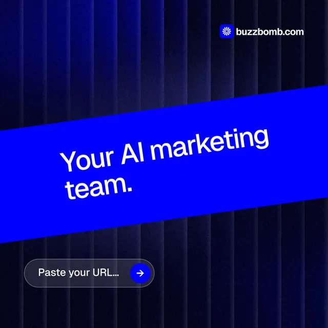 Instagram post for BuzzBomb: "Your AI marketing team." Agentic glass style, diagonal layout, dark palette in blue.