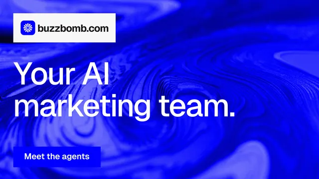 Landscape graphic for BuzzBomb: "Your AI marketing team." Swiss style, announce layout, dark palette in blue.