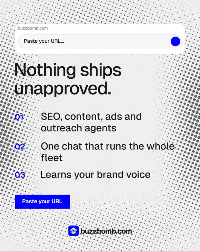 Instagram portrait post for BuzzBomb: "Nothing ships unapproved." Swiss style, numbered layout, light palette in white, grey.