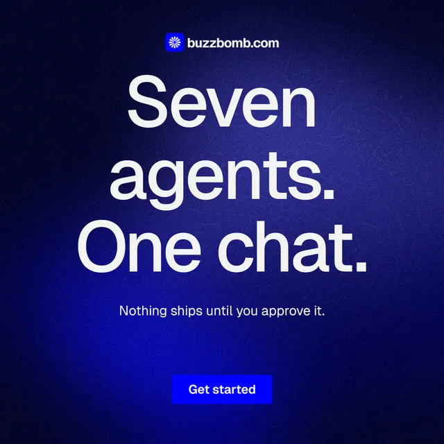 Instagram post for BuzzBomb: "Seven agents. One chat." Swiss style, centred layout, dark palette in black, blue.