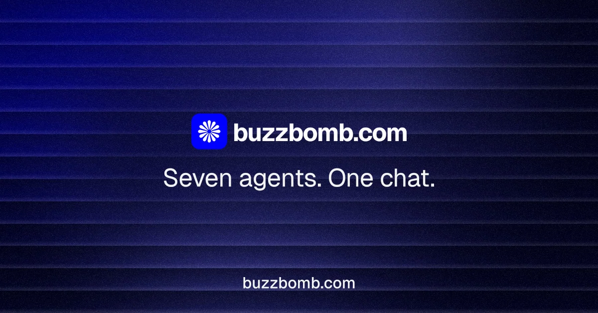 Social ad for BuzzBomb: "Seven agents. One chat." Agentic glass style, end card layout, dark palette in black, blue.