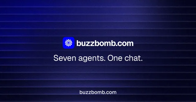 Social ad for BuzzBomb: "Seven agents. One chat." Agentic glass style, end card layout, dark palette in black, blue.