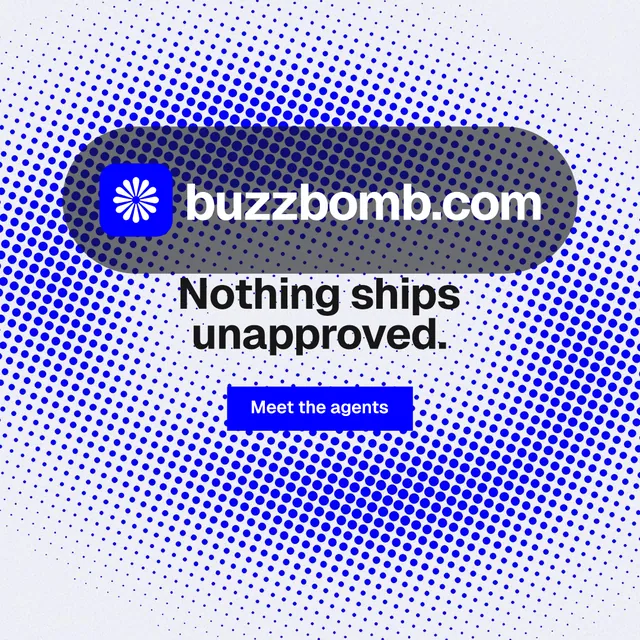 Instagram post for BuzzBomb: "Nothing ships unapproved." Swiss style, logo hero layout, light palette in blue, white.