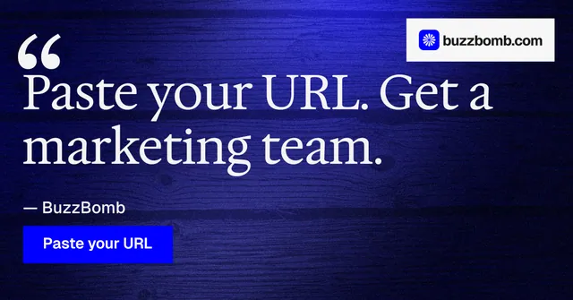 Social ad for BuzzBomb: "One launch. A week of posts." Swiss style, quote layout, dark palette in black, blue.