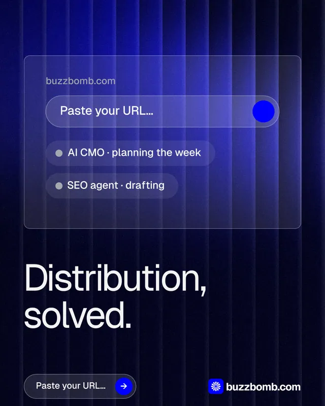 Instagram portrait post for BuzzBomb: "Distribution, solved." Agentic glass style, bottom layout, dark palette in black, blue.