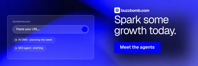 X header for BuzzBomb: "Spark some growth today." Swiss style, skeleton layout, dark palette in blue.
