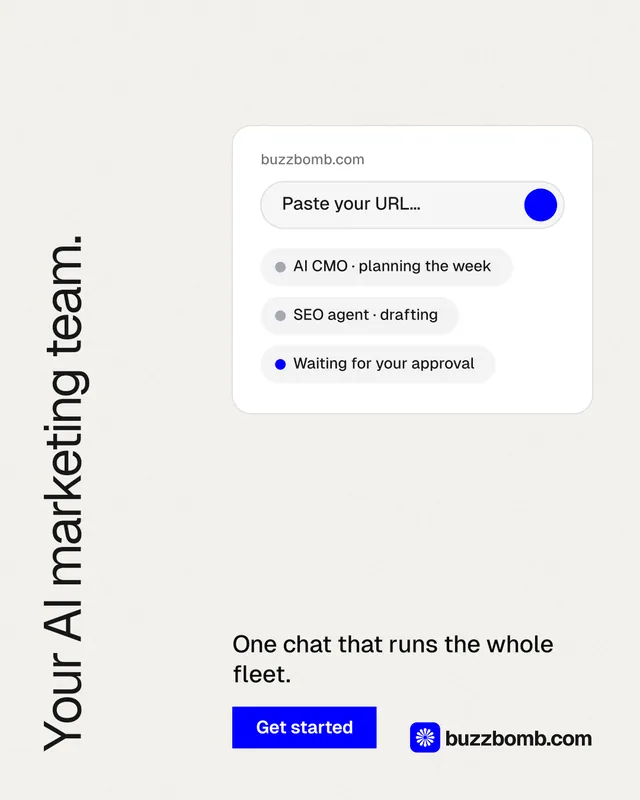 Instagram portrait post for BuzzBomb: "Your AI marketing team." Swiss style, vertical layout, light palette in white.