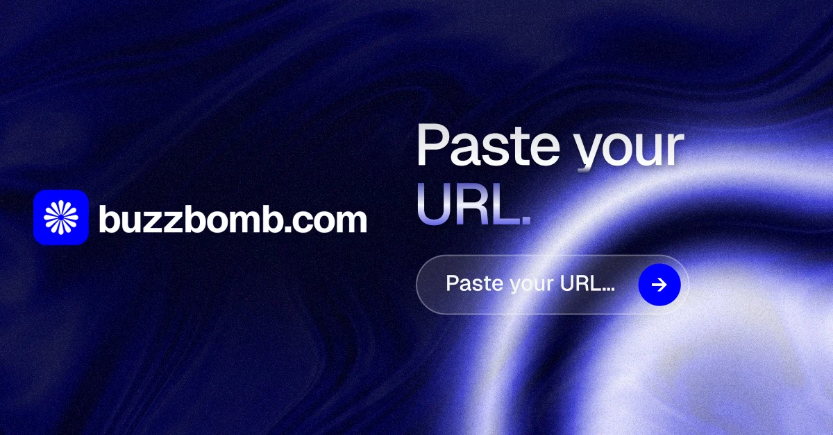 Social ad for BuzzBomb: "Paste your URL." Agentic glass style, logo hero layout, dark palette in blue, black.