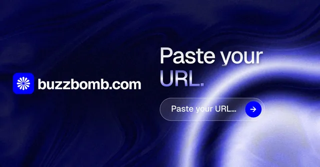 Social ad for BuzzBomb: "Paste your URL." Agentic glass style, logo hero layout, dark palette in blue, black.