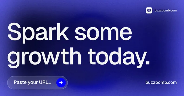 Social ad for BuzzBomb: "Spark some growth today." Agentic glass style, poster layout, dark palette in blue.