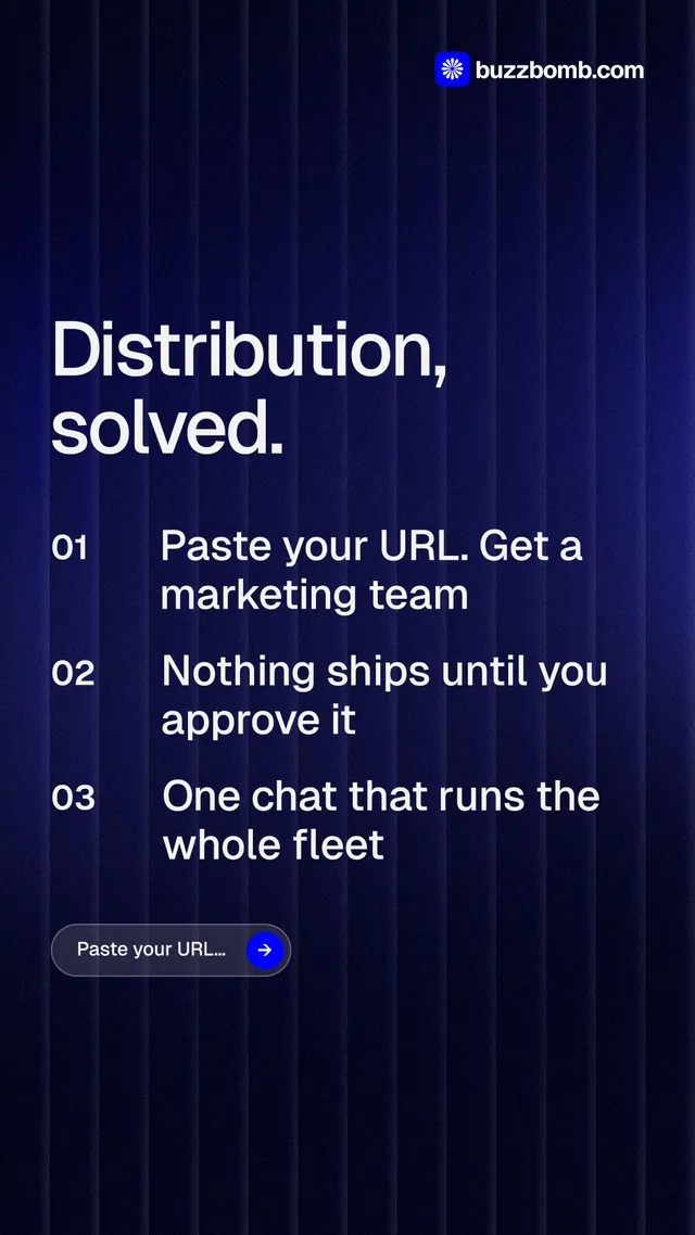 Instagram story for BuzzBomb: "Distribution, solved." Agentic glass style, numbered layout, dark palette in black, blue, grey.