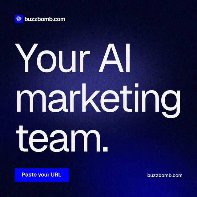 Instagram post for BuzzBomb: "Your AI marketing team." Swiss style, poster layout, dark palette in black, blue, grey.