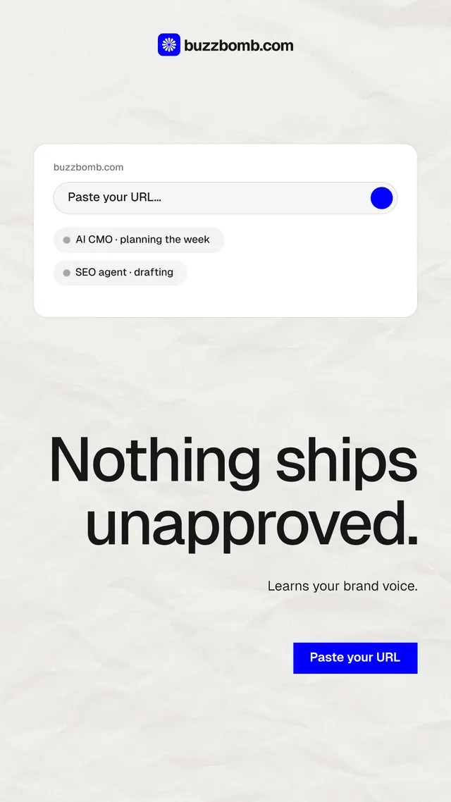Instagram story for BuzzBomb: "Nothing ships unapproved." Swiss style, right layout, light palette in white, grey.
