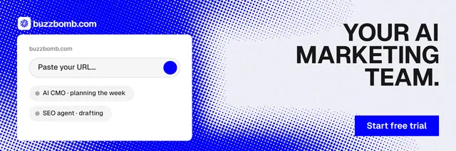 X header for BuzzBomb: "Your AI marketing team." Swiss style, right layout, light palette in white, blue.