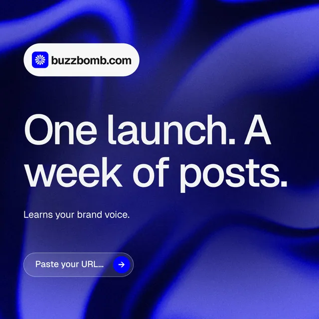 Instagram post for BuzzBomb: "One launch. A week of posts." Agentic glass style, announce layout, dark palette in blue.