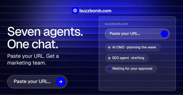 Social ad for BuzzBomb: "Seven agents. One chat." Agentic glass style, bottom layout, dark palette in black, blue.