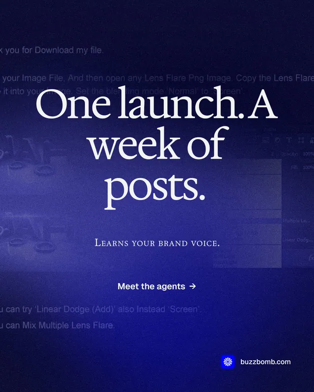 Instagram portrait post for BuzzBomb: "One launch. A week of posts." Agentic glass style, smallcaps layout, dark palette in blue.