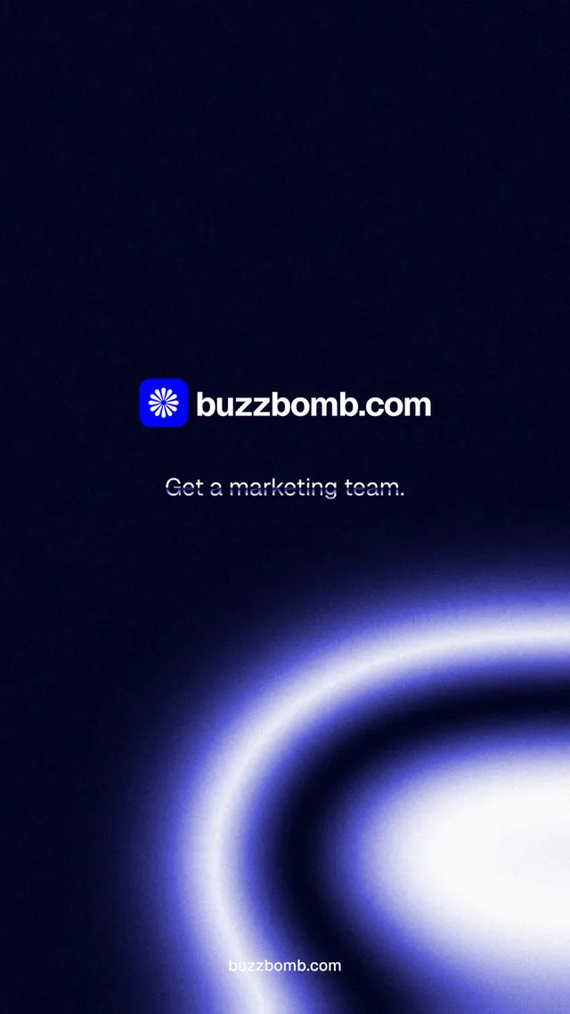 Instagram story for BuzzBomb: "Get a marketing team." Agentic glass style, end card layout, dark palette in black, blue.
