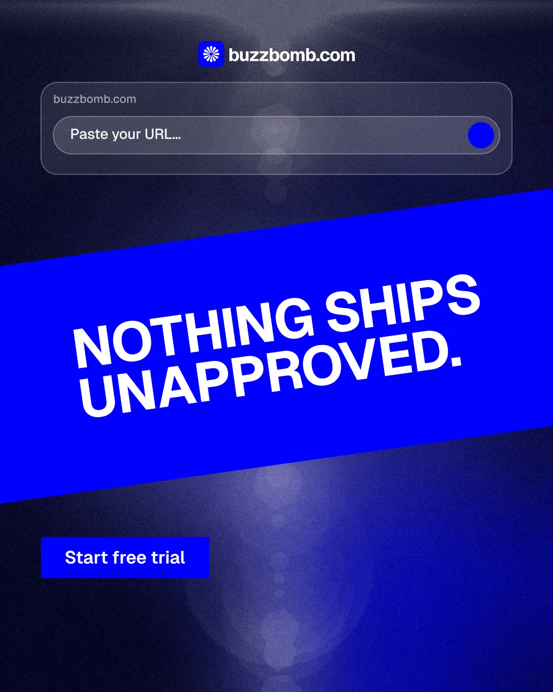 Instagram portrait post for BuzzBomb: "Nothing ships unapproved." Swiss style, diagonal layout, dark palette in blue.