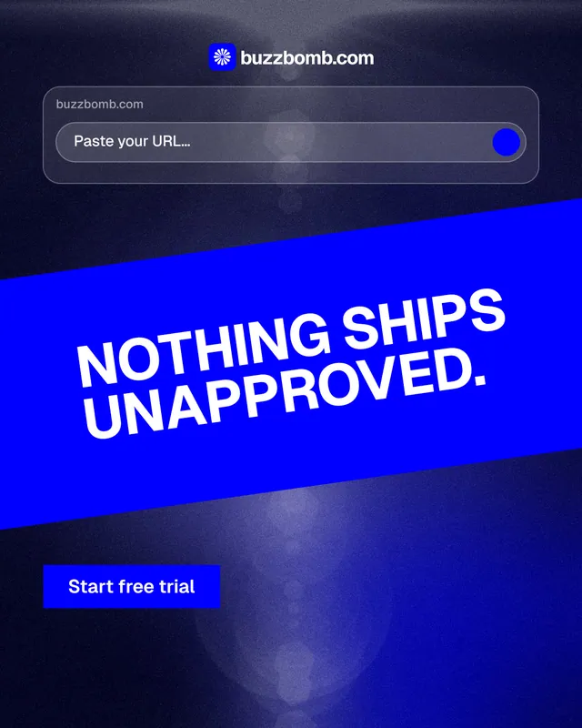 Instagram portrait post for BuzzBomb: "Nothing ships unapproved." Swiss style, diagonal layout, dark palette in blue.