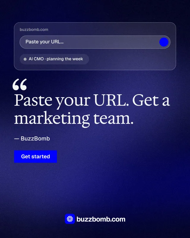 Instagram portrait post for BuzzBomb: "Get a marketing team." Swiss style, quote layout, dark palette in blue, black.
