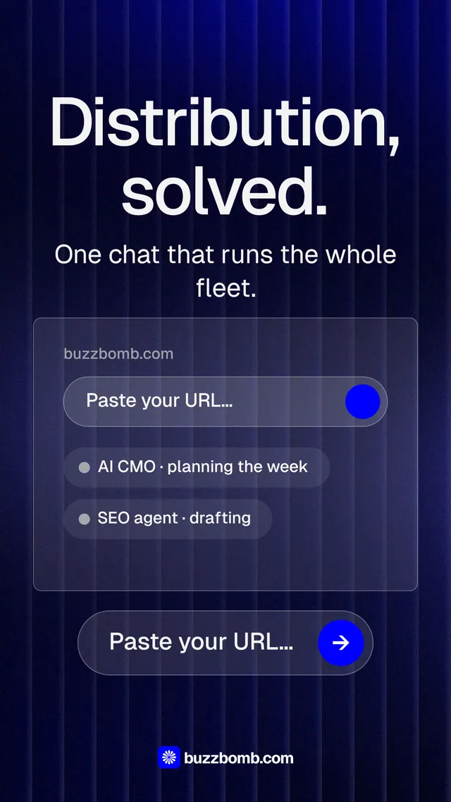 Instagram story for BuzzBomb: "Distribution, solved." Agentic glass style, skeleton layout, dark palette in blue, black, grey.