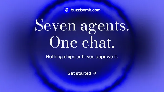 Landscape graphic for BuzzBomb: "Seven agents. One chat." Minimal luxury style, centred layout, dark palette in blue.