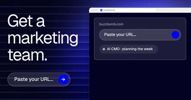Social ad for BuzzBomb: "Get a marketing team." Agentic glass style, browser layout, dark palette in blue, black, grey.