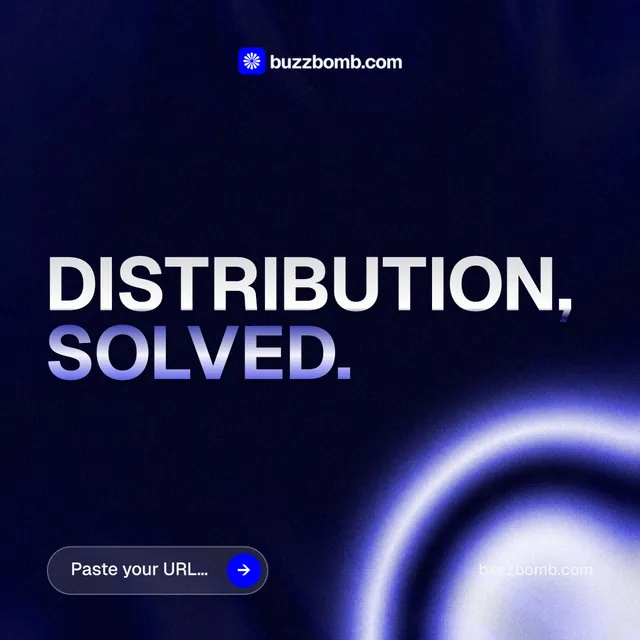 Instagram post for BuzzBomb: "Distribution, solved." Agentic glass style, poster layout, dark palette in black, blue.
