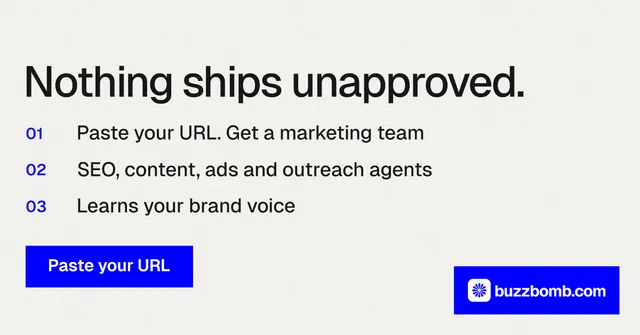 Social ad for BuzzBomb: "Nothing ships unapproved." Swiss style, numbered layout, light palette in white, blue.