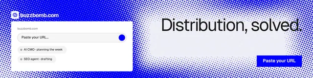 LinkedIn banner for BuzzBomb: "Distribution, solved." Swiss style, right layout, light palette in blue, white.