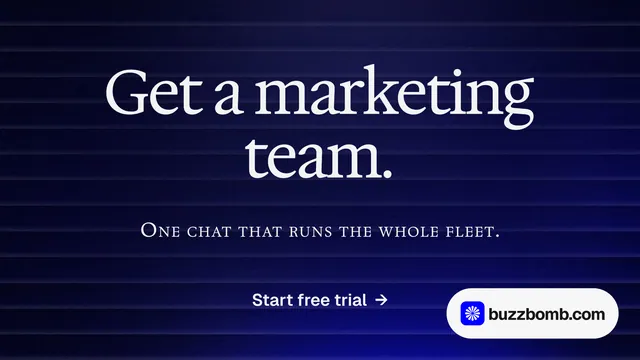 Landscape graphic for BuzzBomb: "Get a marketing team." Agentic glass style, smallcaps layout, dark palette in black, blue, grey.