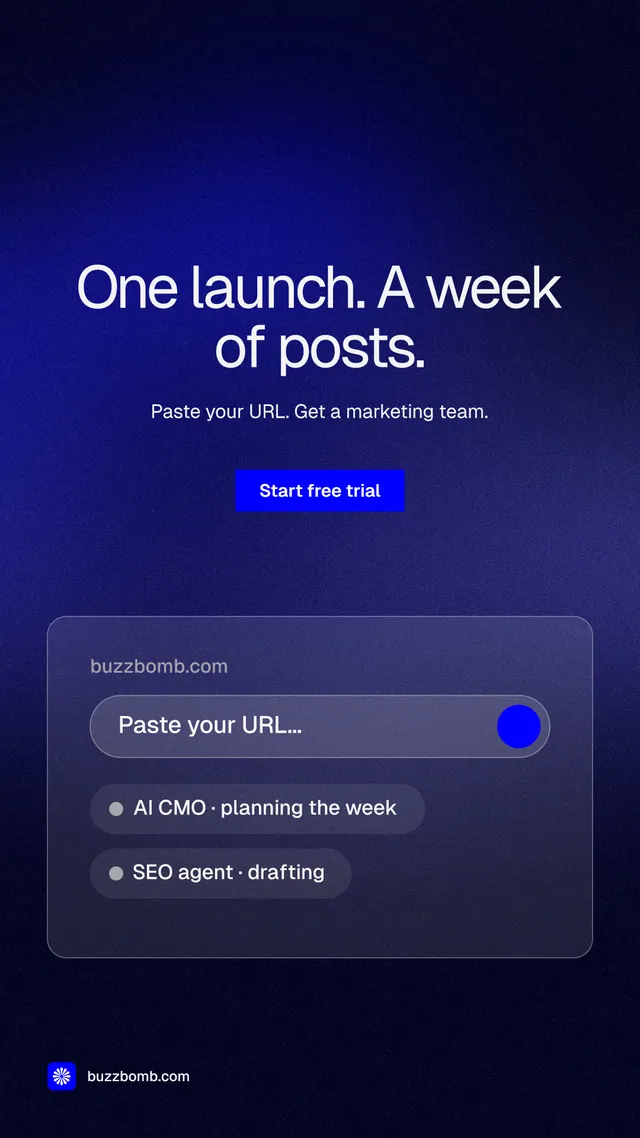 Instagram story for BuzzBomb: "One launch. A week of posts." Swiss style, centred layout, dark palette in black, blue.