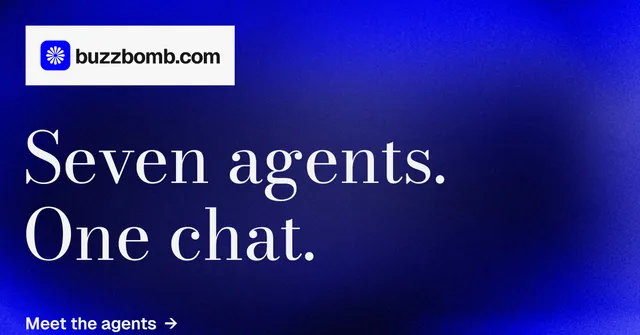 Social ad for BuzzBomb: "Seven agents. One chat." Minimal luxury style, announce layout, dark palette in blue.