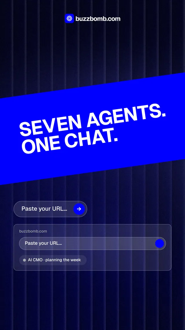 Instagram story for BuzzBomb: "Seven agents. One chat." Agentic glass style, diagonal layout, dark palette in black, blue.
