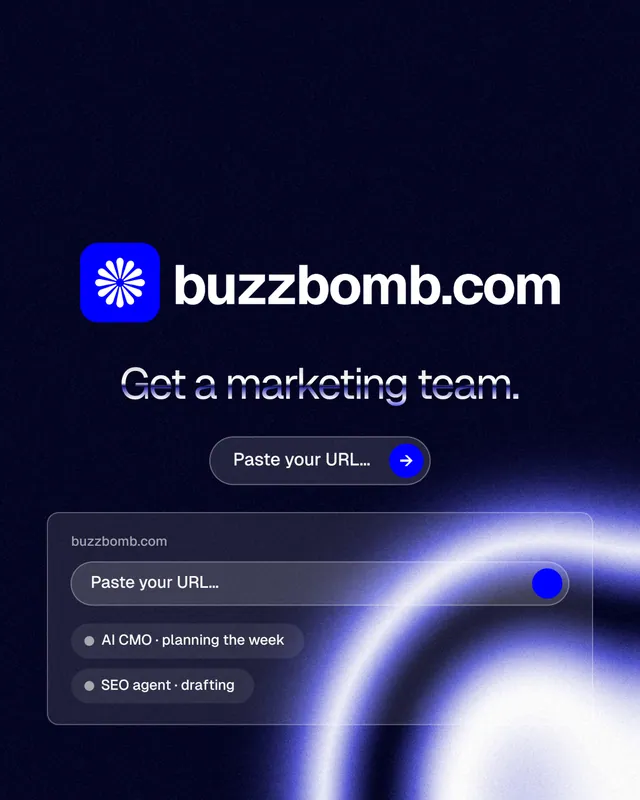 Instagram portrait post for BuzzBomb: "Get a marketing team." Agentic glass style, logo hero layout, dark palette in black, blue.